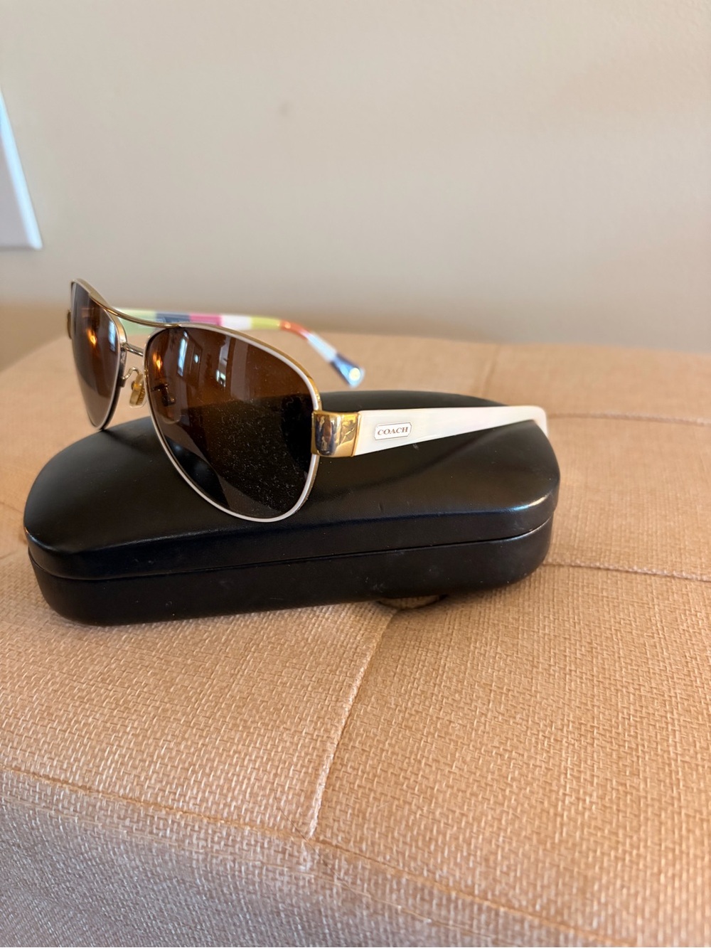 Coach Brown Lens White and Gold Aviator Sunglasses
